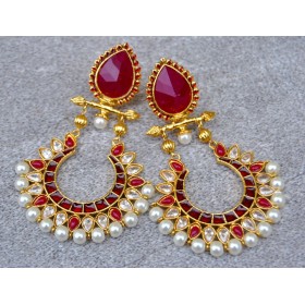 Polki Diamond Chand Bali Earrings with  Ruby Drop Stud 